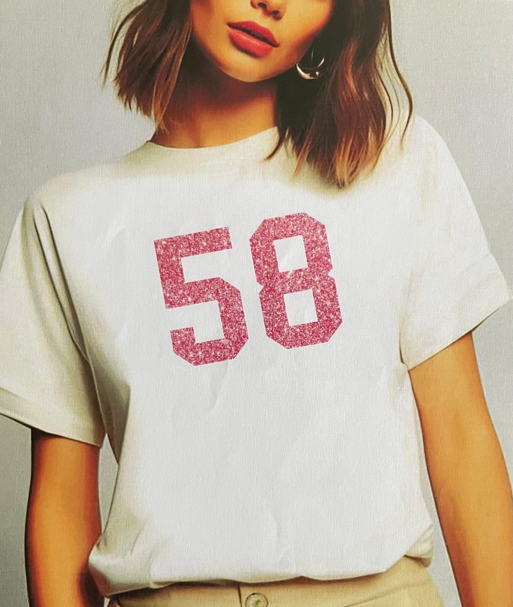 T-shirt donna 58 bianca, numero 58 in glitter rosa