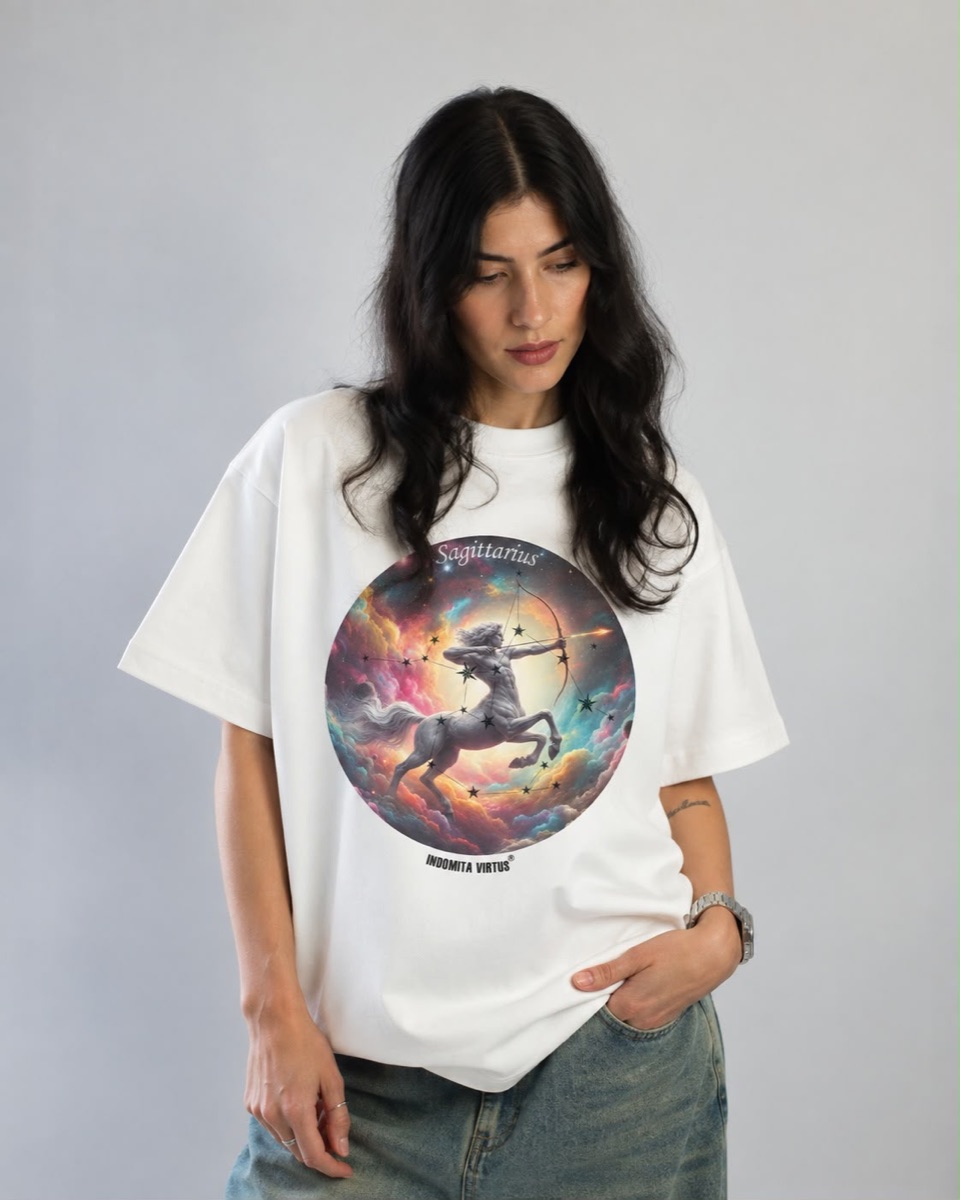 Donna con t-shirt bianca oversize Zodiaco, illustrazione tonda del Sagittario con la costellazione e la scritta Indomita Virtus sotto